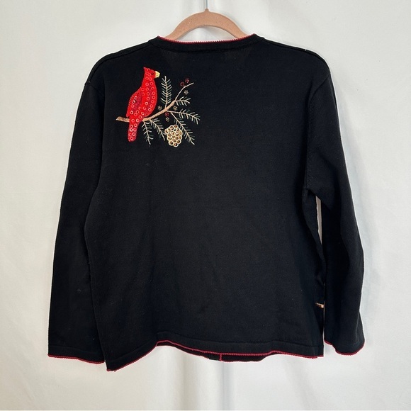 Terrazo Cardigan Sweater Size Large Holiday Cardinal Embroidered Beaded Bird - Picture 9 of 13